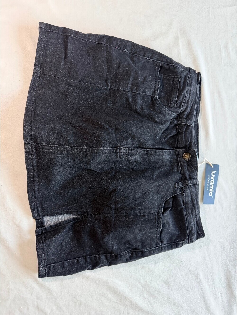 Luvamia Black Denim Mini Skort Built-In Shorts Front Slit Size L NWT